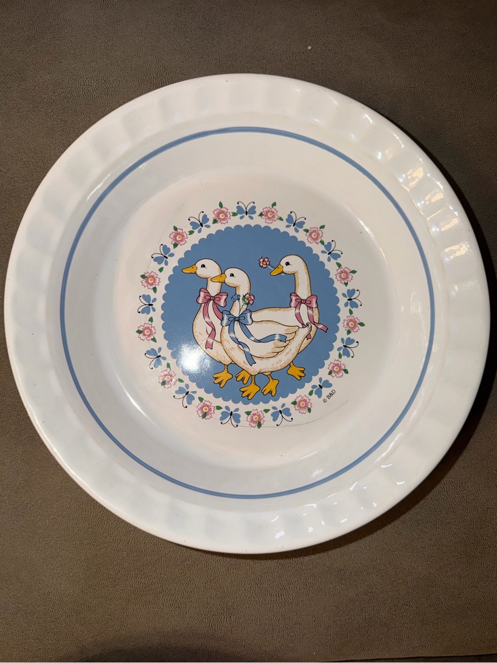 White Ceramic Duck Floral Dinner Plate - Blue Accent